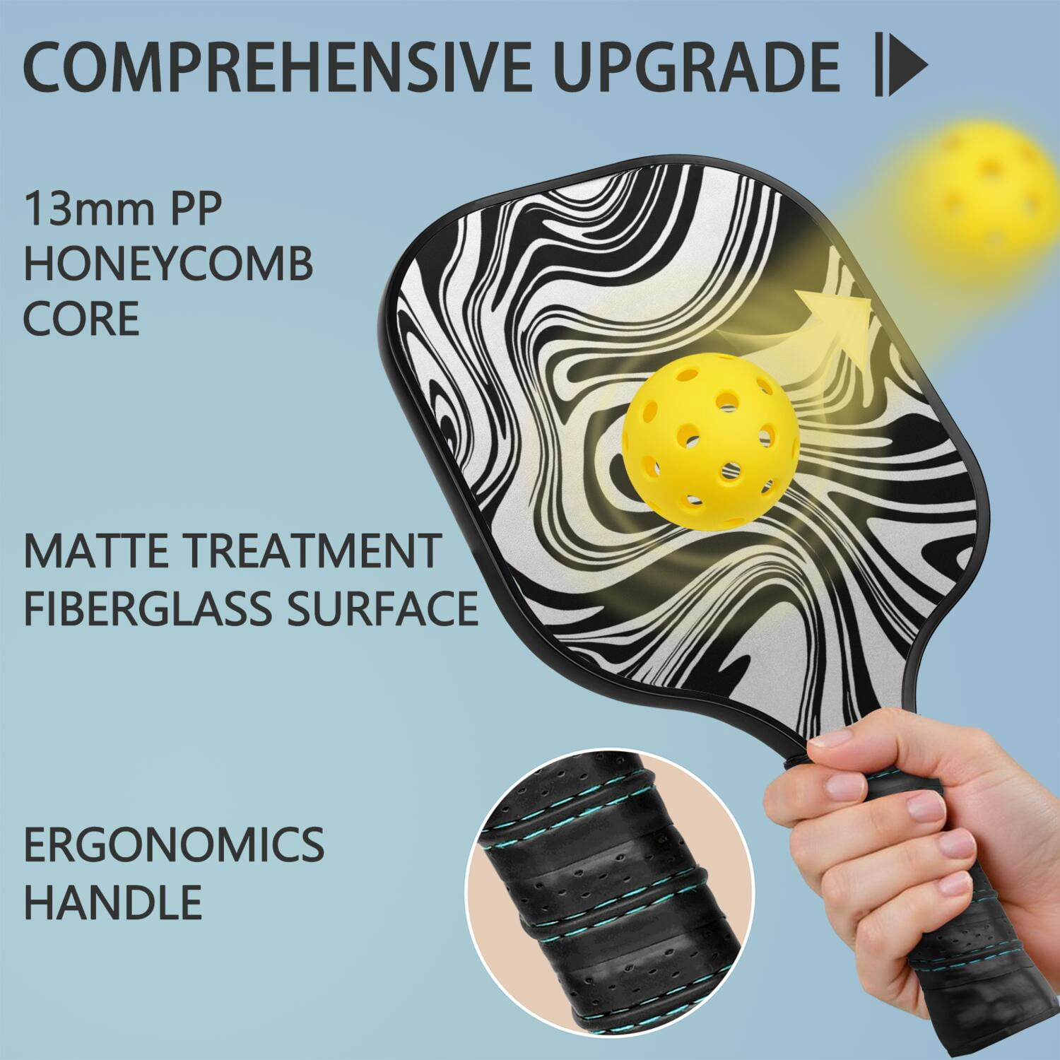 Pickleball Paddles Set Of 1, Fiberglass Surface, Liquid & Marble Print, 1 Paddles, 2 Balls & Bag