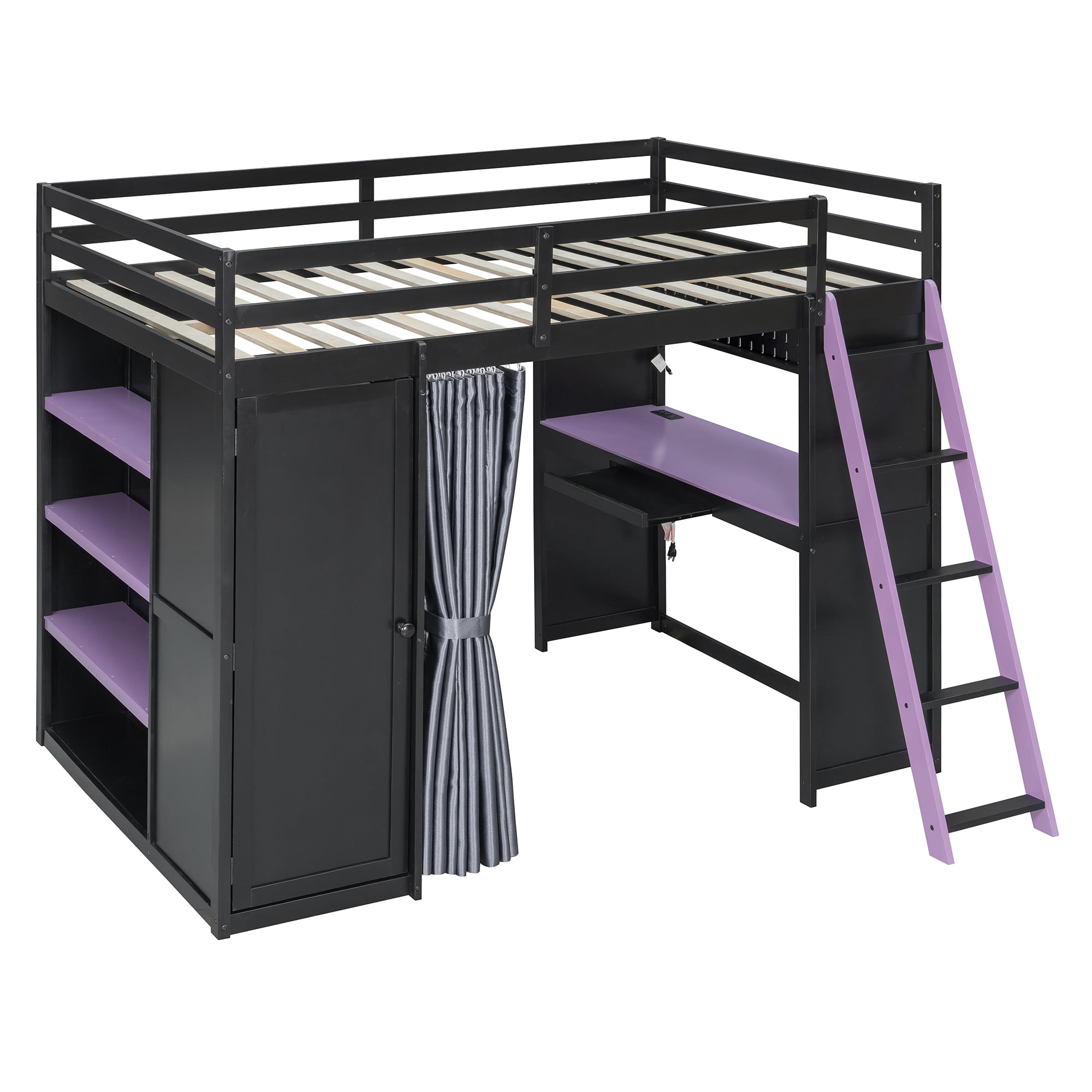 Mintazer Full Size Gaming Loft Bed with Workstation Desk & Wardrobe, Multifunctional Metal Loft Bed with Pegboard & Blackout Curtains, Black & Purple