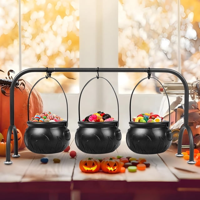 Juego de 3 Calderos de Dulces de Plástico Negro para Halloween con Soporte