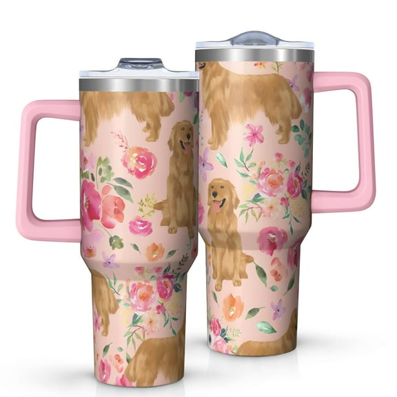 OBREWU Golden Retriever with Flowers Tumbler with Handle and Lid,Golden Retriever with Flowers 40oz Double Wall Vacuum Insulated Tumbler,Cups Gift for Women and Men