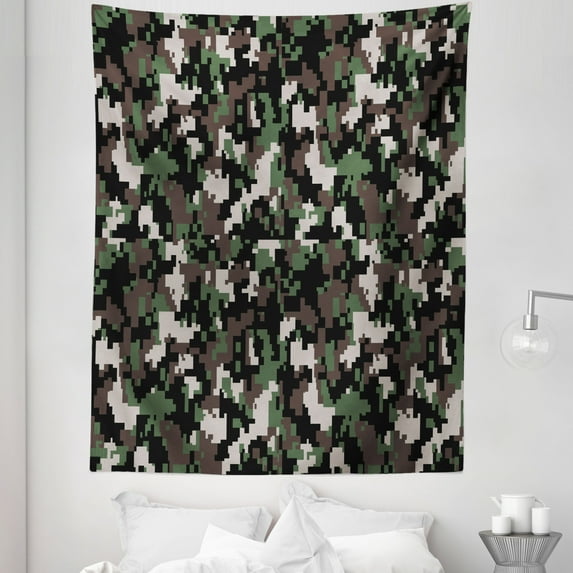 Camo Tapestry, Pixelated Pattern Digital Effect Modern Conceptual Camouflage Texture, Fabric Wall Hanging Decor for Bedroom Living Room Dorm, 5 Sizes, Army Green Beige Brown, by Ambesonne