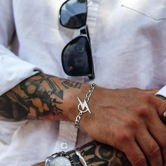 Mens Bracelet. Lightning Bolt Bracelets,14K White Gold Figaro Link Chain, Minimalist Bracelet for Men Jewelry