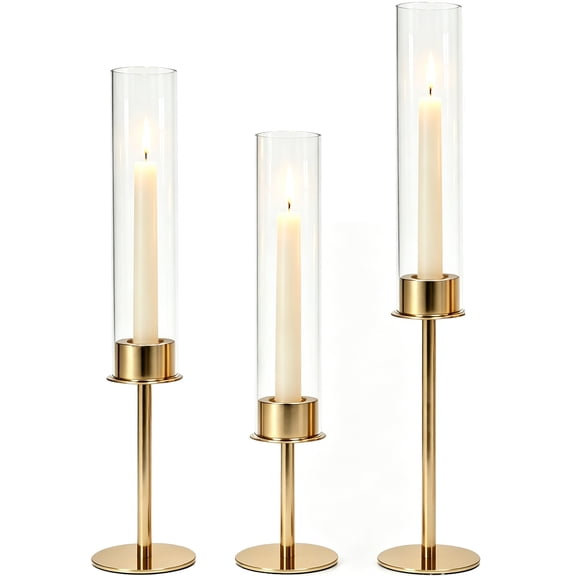 HIDAWN Gold Hurricane Candle Holders Set of 3, Modern Metal Taper Candle Holder with Clear Glass Cylinder, Indoor/Outdoor Elegant Centerpiece Candlestick Holders