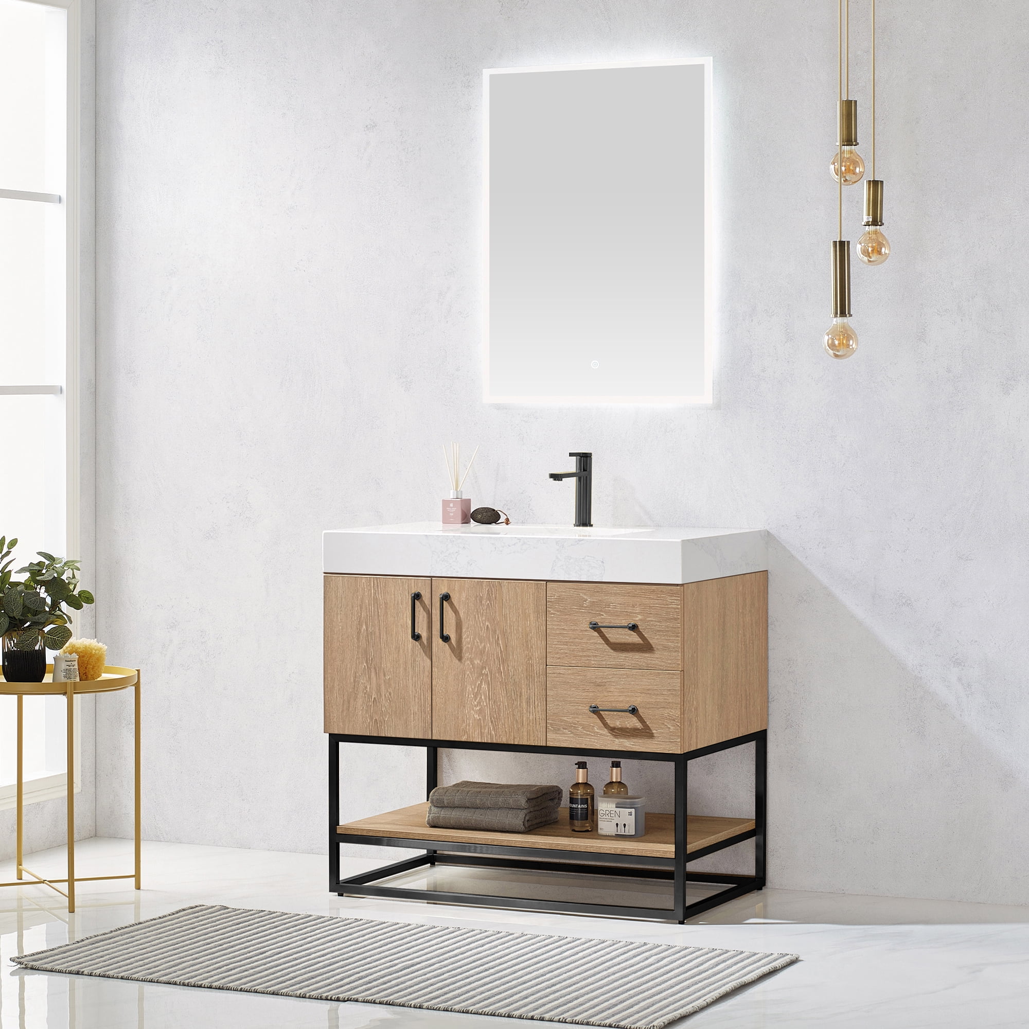 Vinnova Alistair 36" White Stone Top Oak Single Vanity Black Frame w/o Mirror