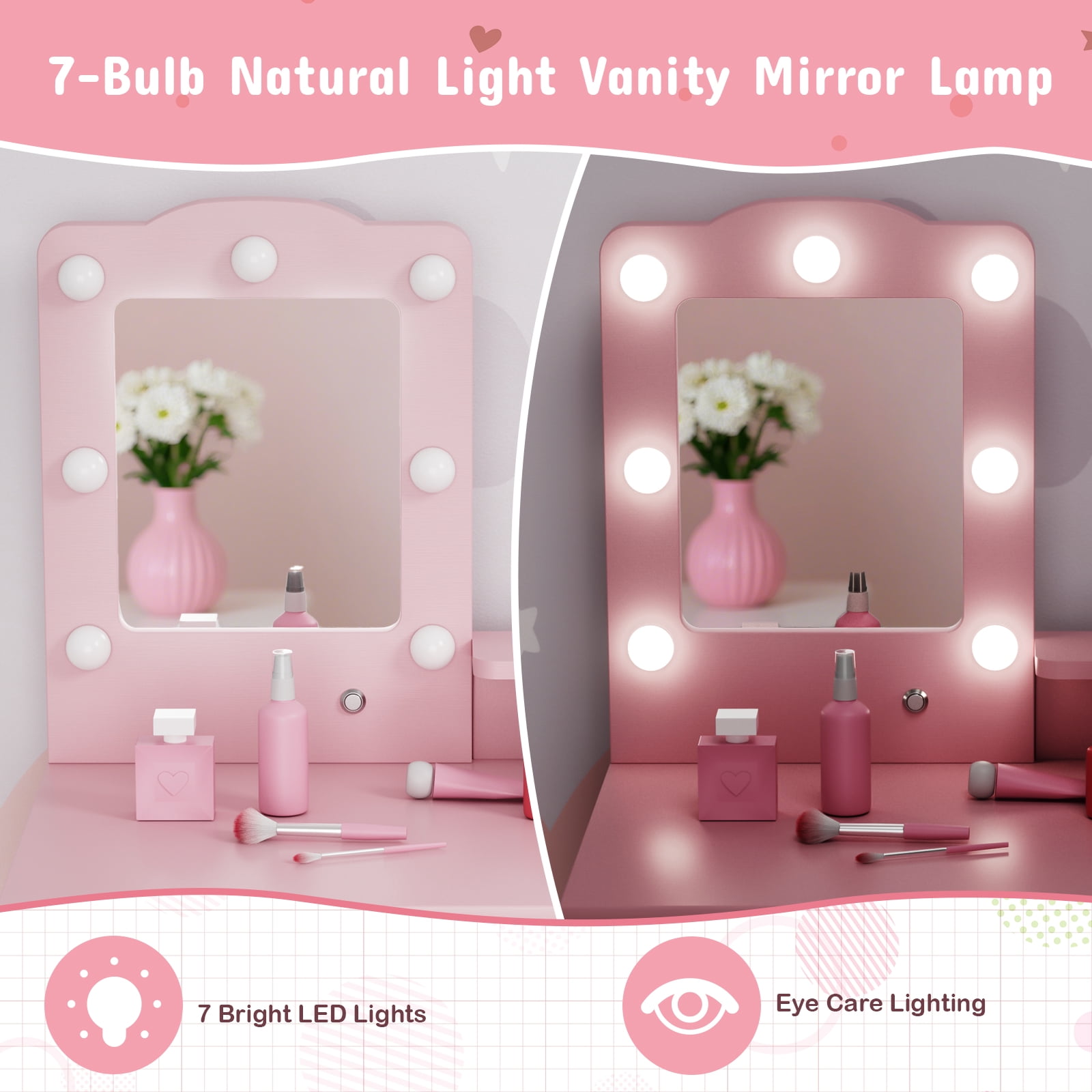 Arlopu Kids Wooden Vanity Table and Stool Set, Toddlers Makeup Dressing Table with Mirror, Drawer & LED Lights