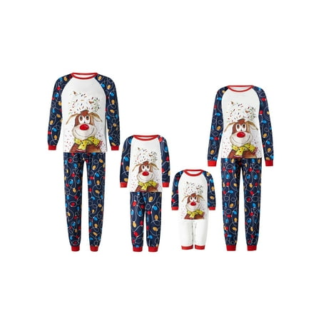 

Family Christmas Pjs Matching Sets Long Sleeve Elk Print Tops with Colorful Lights Print Pants for Adults and Kids Holiday Xmas Sleepwear