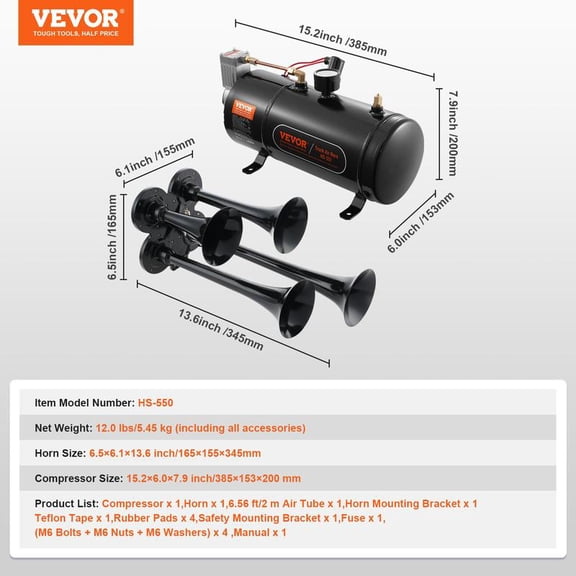 VEVOR Train Horns Kit, 4 Trumpet Air Horn Kit, 150dB Train Horns for Pickup Trucks, 12V 120 psi Air Compressor 0.8 Gal/3 L Tank with Gauge for Any 12V Vehicle Car Truck Train Van Boat Power Sound