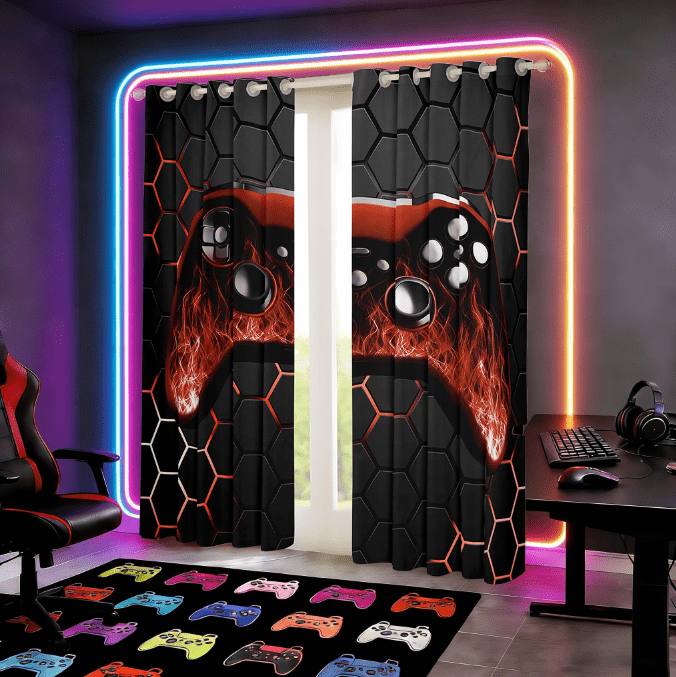 Manfei Gamer Gaming Curtains for Living Room,Vindoe Game Blackout Curtains Set of 2 (38x45),Orange Black Hexagon Curtains and Drapes (38x45) For Kid Boy,Lightweight Room Decorative