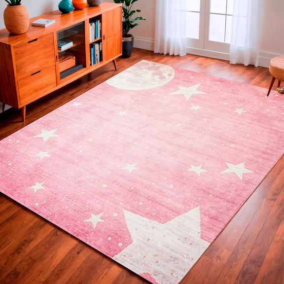 ODIKA 4'x6' Machine Washable Non-Slip Area Rug, Celestial Dreamscape Textured For Trendy Space Transformation High Traffic Rug, Pink, 127225