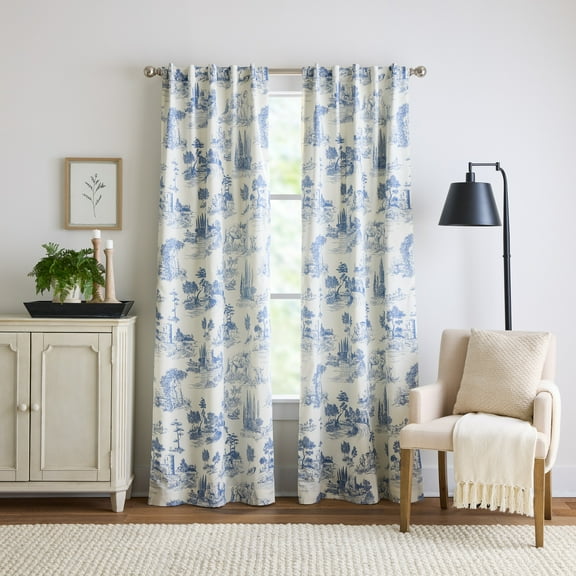 Martha Stewart Village Life Blackout 37"W x 84"L Indoor Curtain Panel, Set of 2, Blue, Recycled Polyester, Cotton, Adult