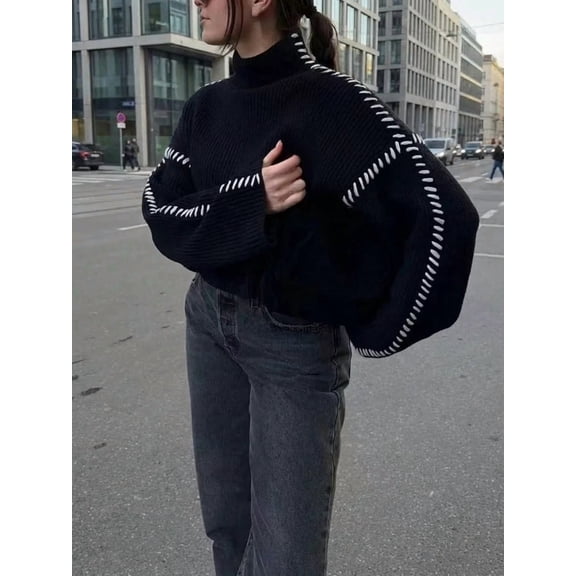 Womens Half Turtleneck Sweater Stitch Drop Shoulder Pullover Knit Top