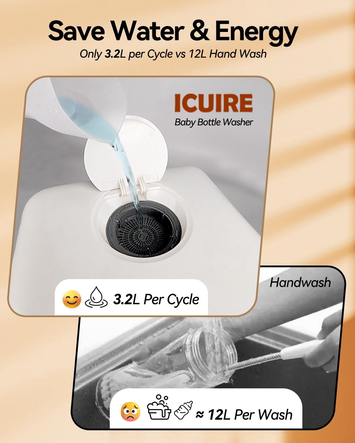 Baby Bottle Washer and Sterilizer and Dryer, 131-167°F High Temperature Sterilize for Baby Stuff, 3.2L Water Tank to Clean Bottles, Pump Part &Pacifiers&Bowl, Newborn Parents One-Hand Operation