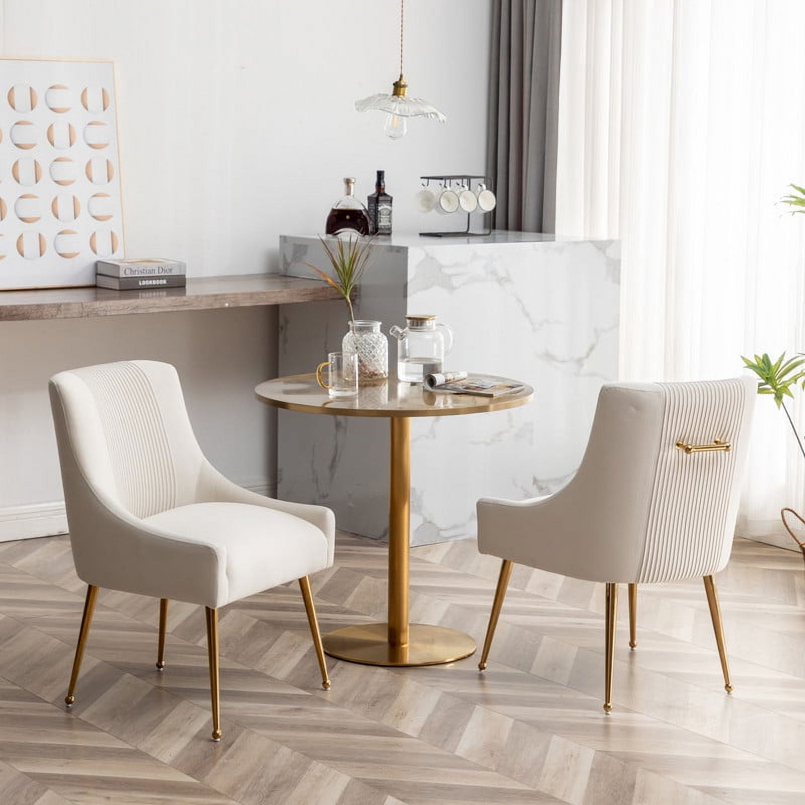 SEYNAR Modern Velvet Dining Chairs Pleated Vanity Chair Set of 4 with Glod Legs for Living Room,Beige