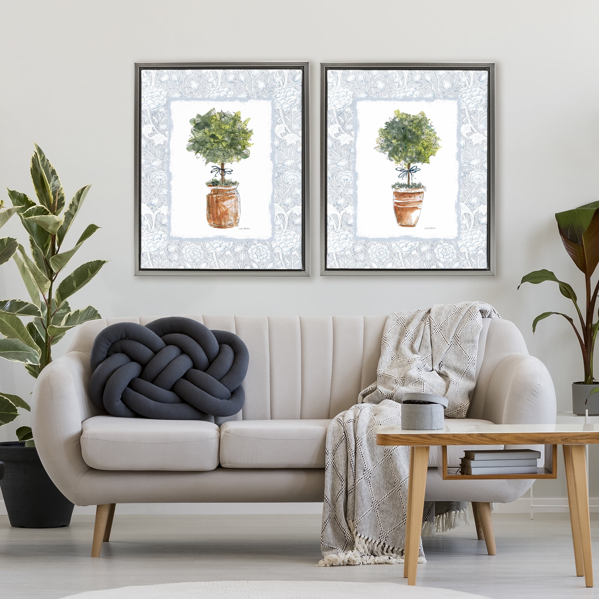 Stupell Industries Potted Topiary Plants 2 Piece Gray Framed Floater Canvas Set, design by Carol Robinson