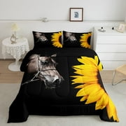 Horse Comforter Set Full,Sunflower Horse Bedding Set for Boys Girls Teens Adults,Western Cowboy Farmhouse Down Comforter Farm Animal Quilt Duvet Sets Bedroom Decor 2 Pillow Cases Black