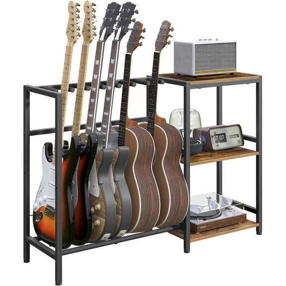 Guitar Stand, Guitar Holder for 6 String Instruments, Suitable for Acoustic Guitar, Bass, Guitar Rack with Side Shelves for Record Player, with Non-Slip Rubber Pads, Rustic Brown