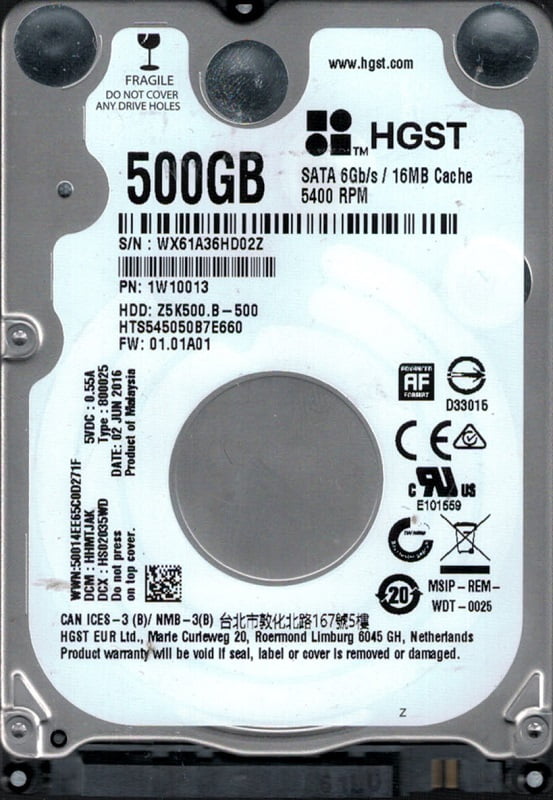 Hard Disk Usato SATA 2,5" 500GB HGST HTS545050B7E660 1W10013 01.01A01 