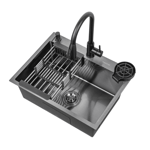 Kit De Tarja Empotrable T6046n De Acero Inox Color Negro 60 Cm X 46 Cm Incluye Mezcladora, Escurridora, Limpia Copas, Dispensador De Jabón, Contracanasta Y Céspol.