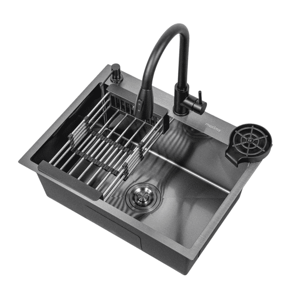 Kit De Tarja Empotrable T6046n De Acero Inox Color Negro 60 Cm X 46 Cm Incluye Mezcladora, Escurridora, Limpia Copas, Dispensador De Jabón, Contracanasta Y Céspol.