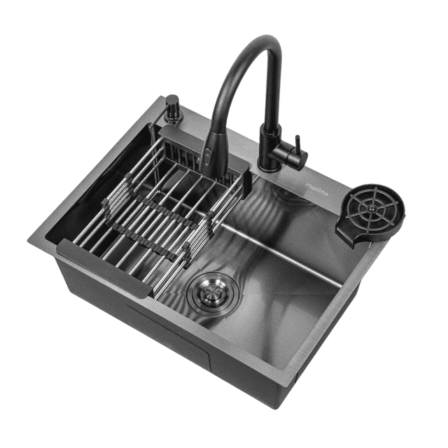 Kit De Tarja Empotrable T6046n De Acero Inox Color Negro 60 Cm X 46 Cm Incluye Mezcladora, Escurridora, Limpia Copas, Dispensador De Jabón, Contracanasta Y Céspol.
