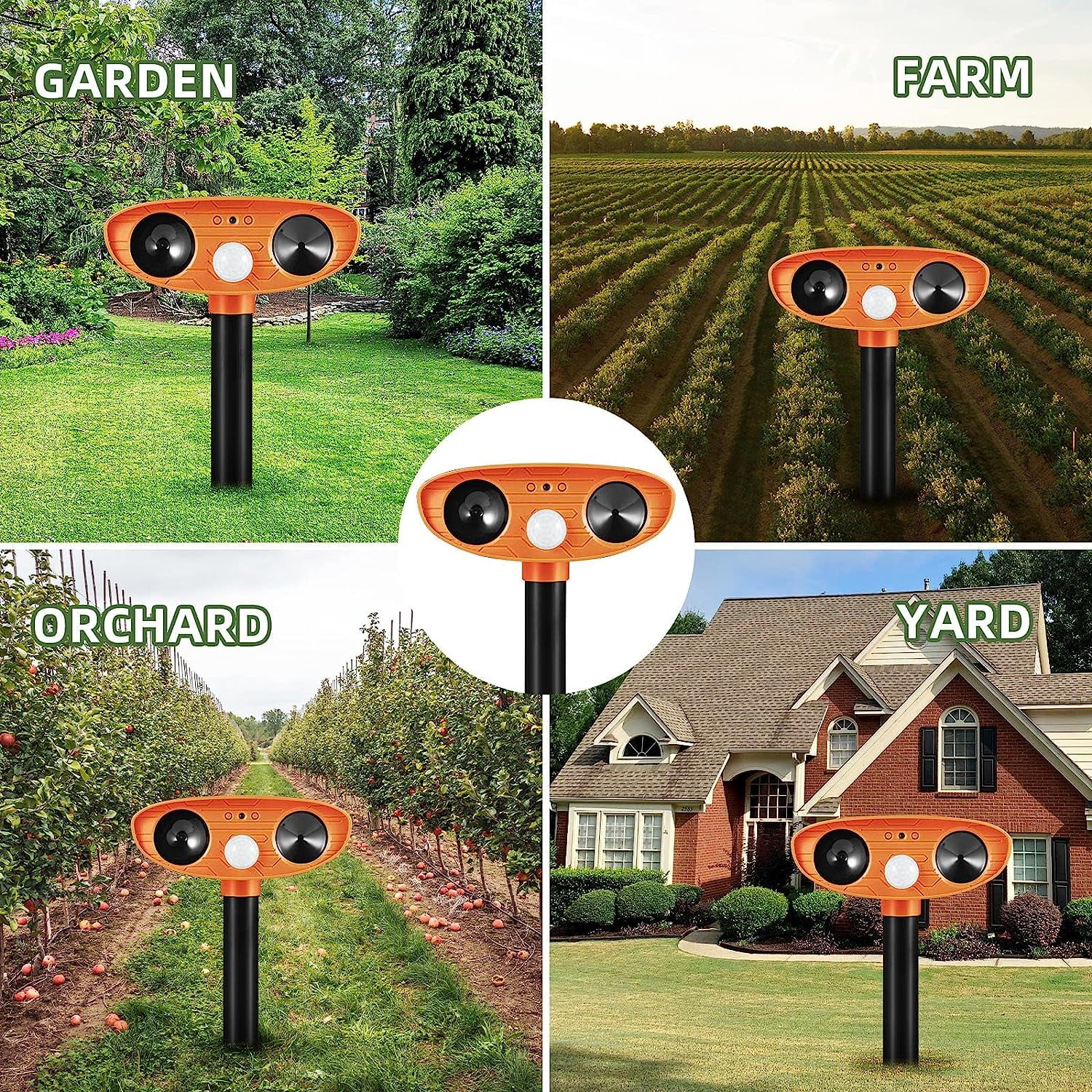 KingFurt 2-Pack Orange Solar Ultrasonic Animal Repeller Repellent for Cat Squirrel Raccoon Deer Mouse Fox