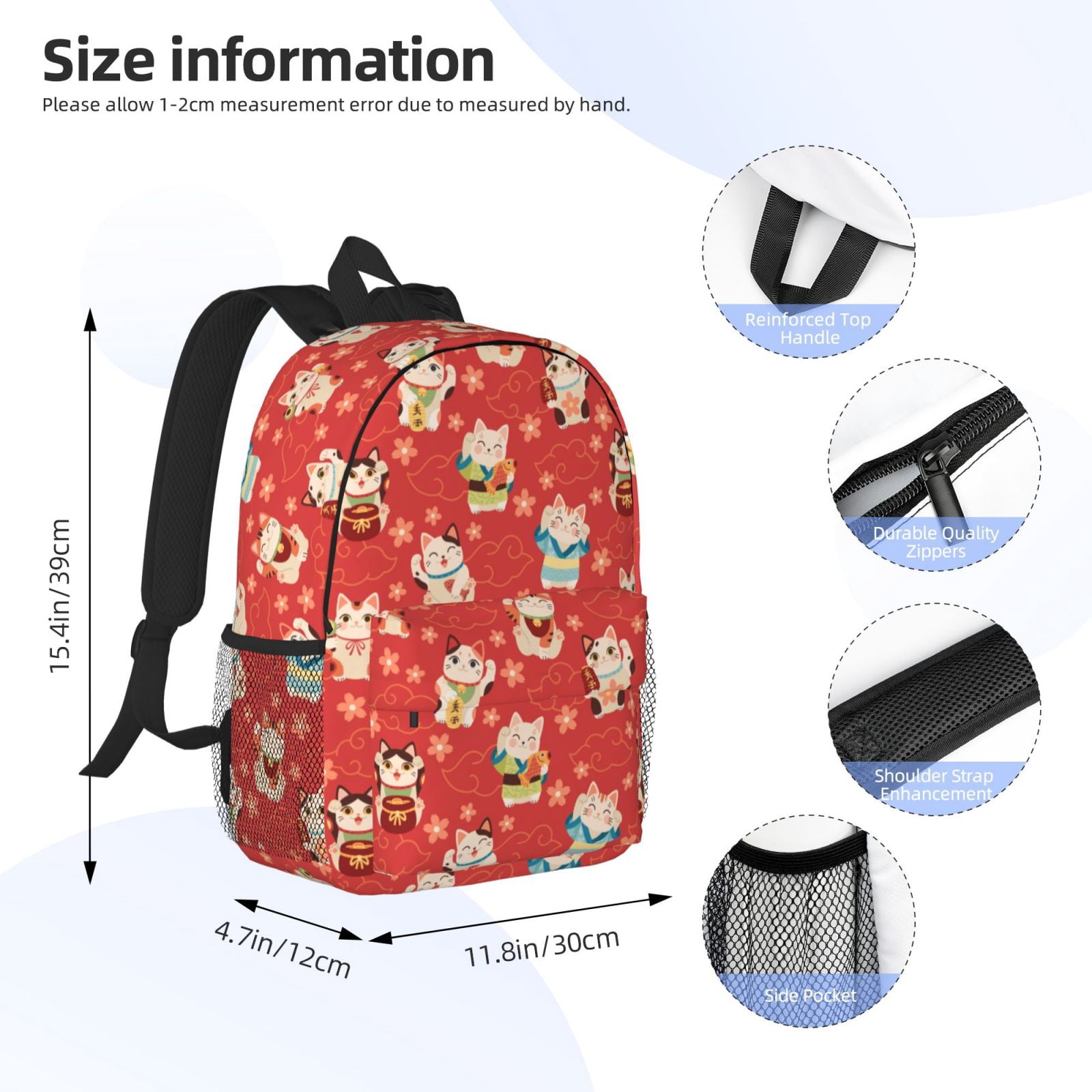 Rateoe Japanese Maneki Cats Pattern Student Backpack Water-resistant Backpack 15-inch Laptop Backpack Lightweight Adjustable School Backpack