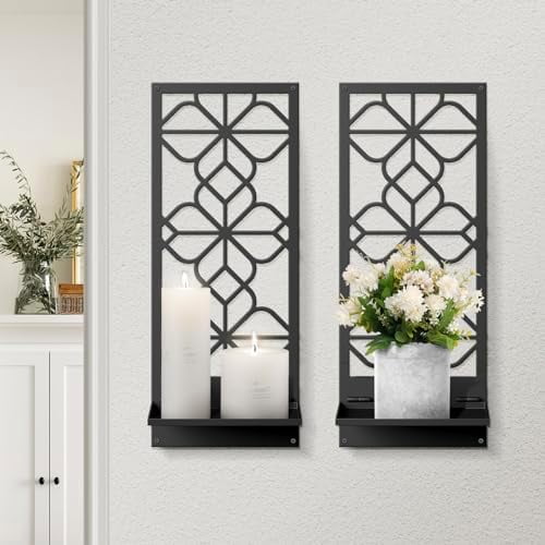 Black Metal Wall Art Decor, Minimalist Retro Line Wall Candle Holder Set of 2, for Living Room, Dining Room, Bedroom, Bathroom (16.5 x 7 in)