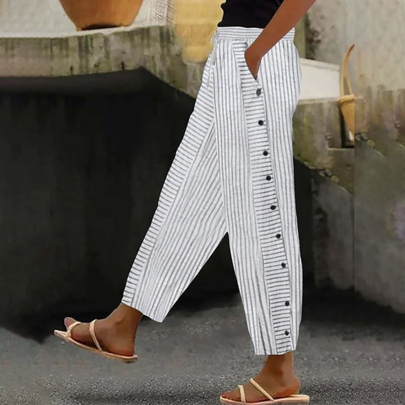 Outfmvch Pinstripe Pants Women Gaucho Pants for Women Summer Beach Vacation Womens Linen Pants Pinstripe Long Palazzo Trousers Striped Linen Pants Women Womens Beach Pants White 1 XS-5XL