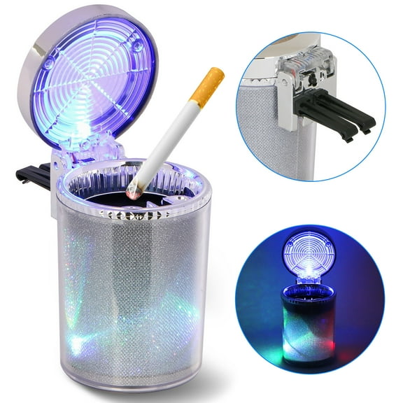 Blue LED Car Ashtray, Smokeless Ash Tray with Lid, Detachable Stainless Steel Car Ashtray with Lid Blue LED Light, Universal Car Ashtray for Most Car Cup Holder, Home Office Travel Use, Portable