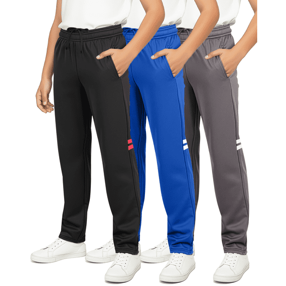 Real Essentials 3 Pack: Boys' Tricot Open Bottom Sweatpants - Athletic Running Pants with Pockets for Kids Teens Youth