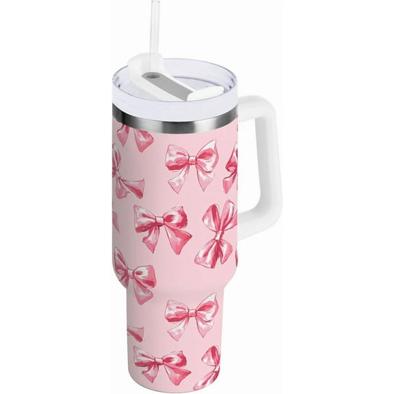 30 oz Tumbler with Lid and Straw, Cute Pink Bows Printed Insulated Water Bottle, Stainless Steel, Fits Car Cup Holder