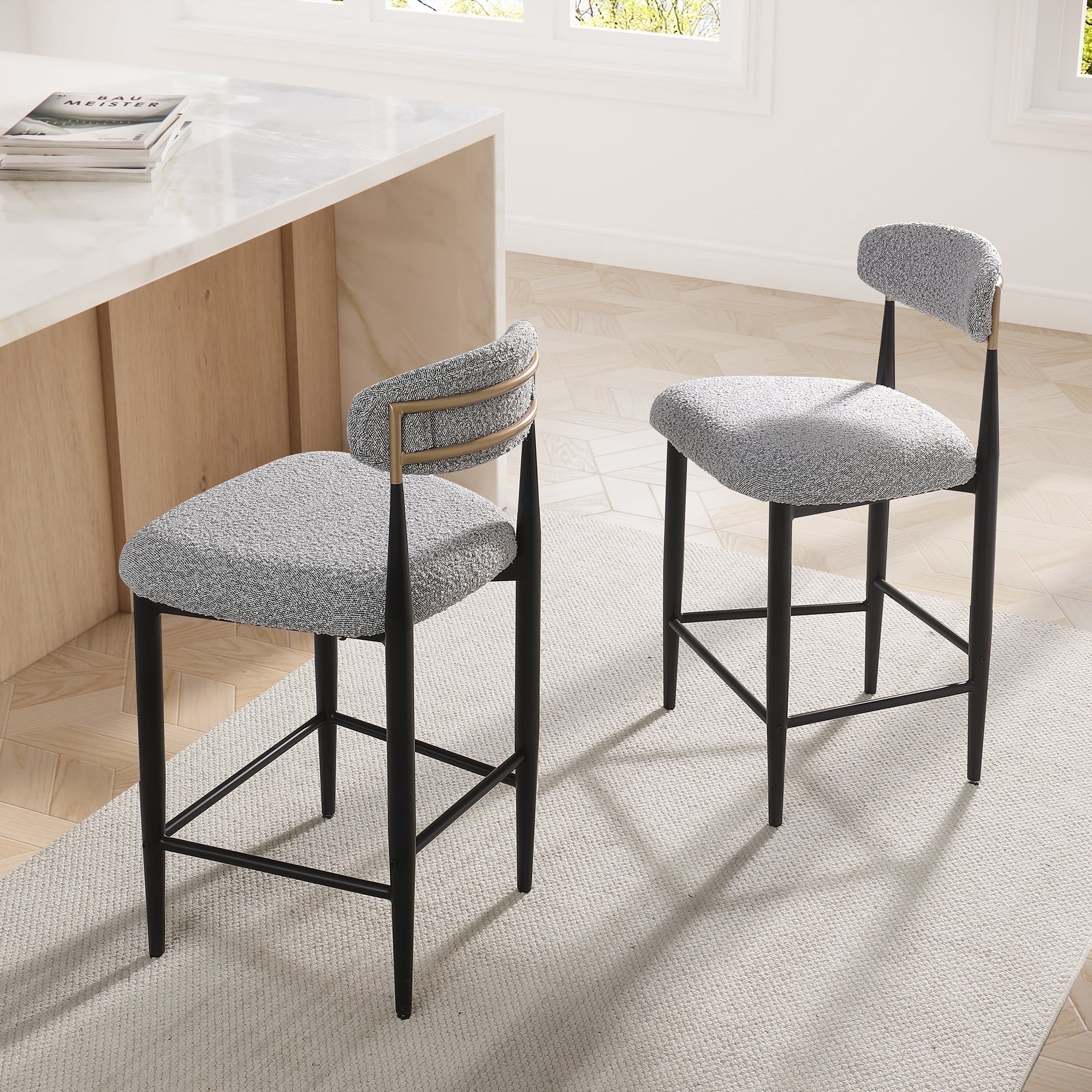 Morden Fort Counter Height Bar Stools Set of 2, 26" Boucle Barstools with Backrest and Metal Legs, Island Chairs for Kitchen Island, Dining Room