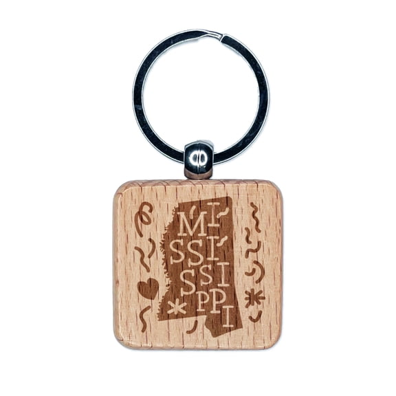 Mississippi State with Text Swirls Square Keychain Charm Tag - Engraved Wood