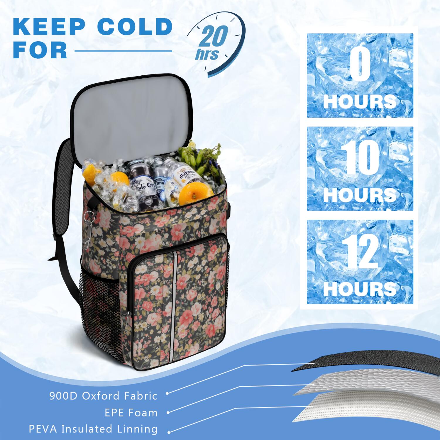Travel Cooler Bag - Pioneer Flower Camping Beer Cooler Backpack with Bottle Opener- Waterproof Insulated Picnic Backpacks - Cooler Bag for Beach