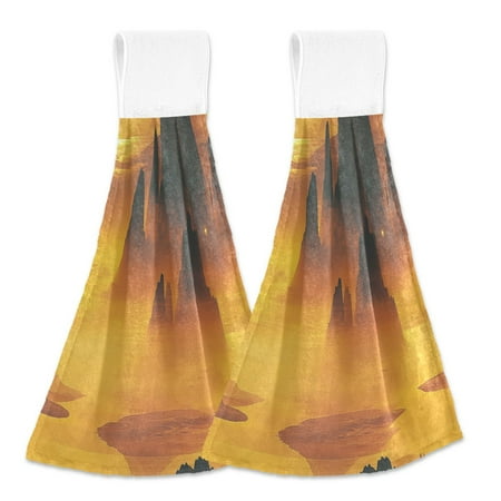 

2pcs Kitchen Hanging Towels Bathroom Hanging Towels Velcro Soft Hand Towel Absorbent Tie Towels for Kitchen Toilet Tea Bar Washcloth Decor Golden Landscape