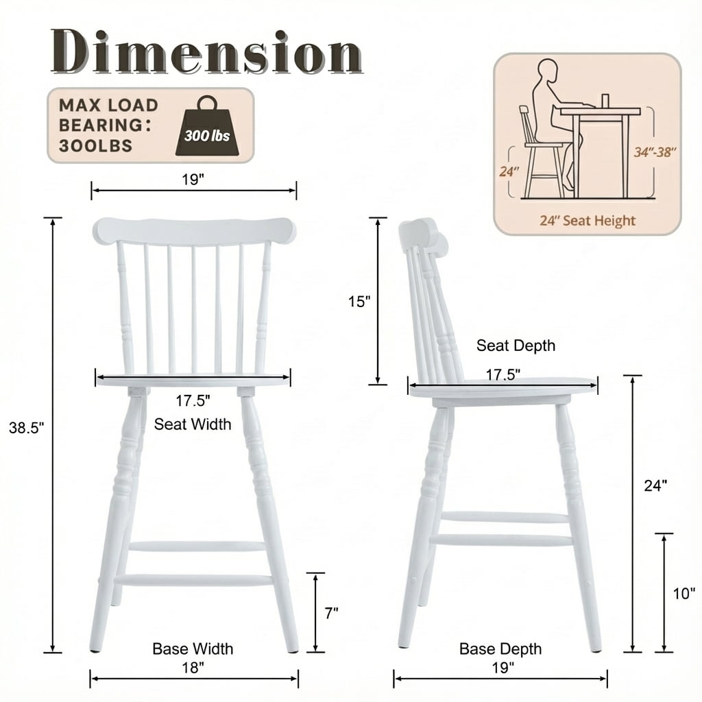 Dayalane 24" Windsor Bar Stools Set of 3, Antique-style Counter Height Barstools with Spindle Back & Turned Legs, Rustic Vintage Colonial Wooden Island chair for Kitchen/Breakfast Bar/Home Pub, White