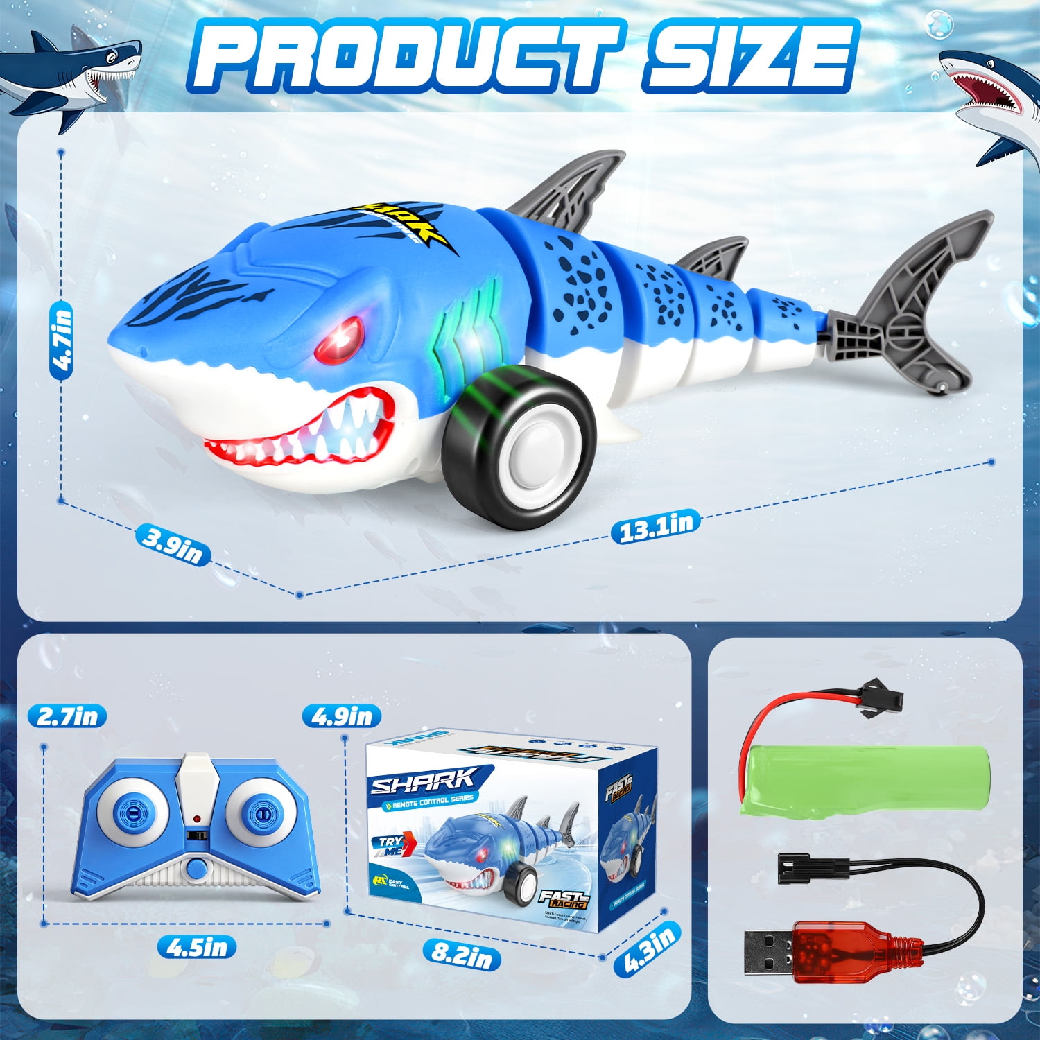 Huge Wave Remote Control Shark Car Toys for Kids, 2.4Ghz RC Shark Cars with Cool Light, 360° Stunt Swinging Tail, Birthday Gifts for Girls Boys Age 3-8