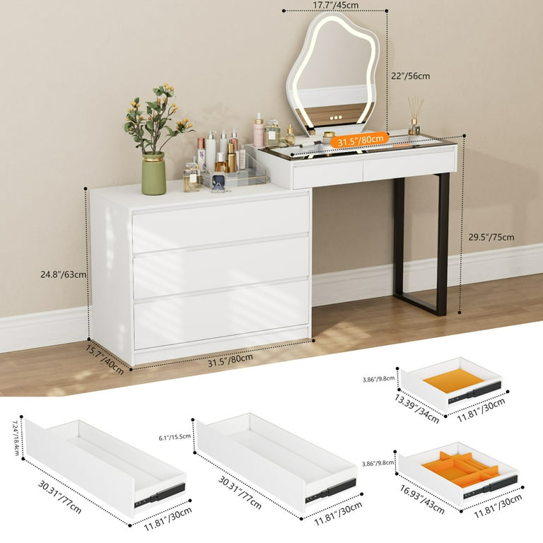 BROTTAR Corner Makeup Vanity Desk with Mirror and Lights, 58