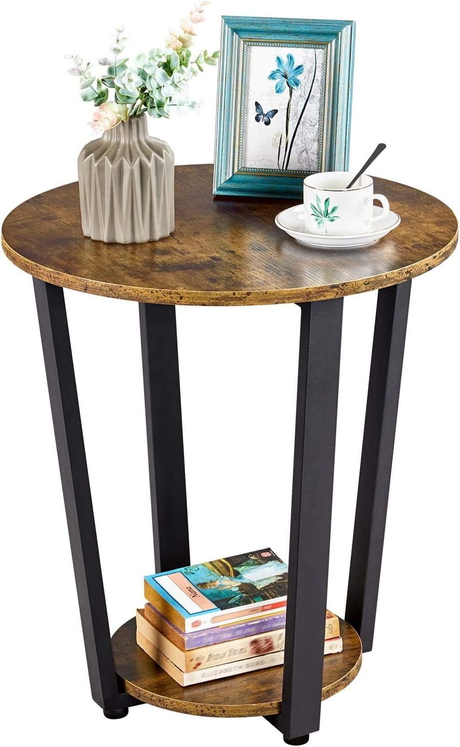 Round End Table for Living Room, Industrial Round Side Table Sofa Couch Table with Storage Shelf