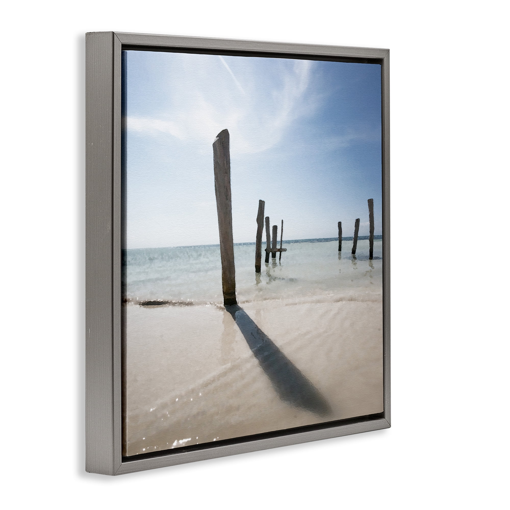 Stupell Industries Eight Beach Posts Coastal Photography Gray Floater Framed Canvas Art Print Wall Art, 18 x 18
