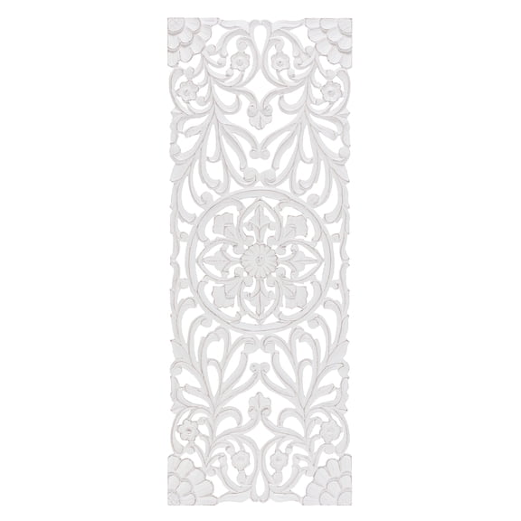 MH London Avril White Wall Medallion Panel, Hand Carved Floral Wall Decor for Living Room Bedroom or Home Interior Styling, 18 x 48 in, Distressed White