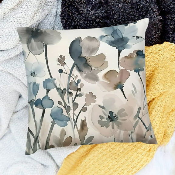 Pratyus Flowers Blue and Gray Design Pillow Cushion Case for Home Sofa Couch, Set of 1, Linen Material, Hidden Zipper Closure 18x18in