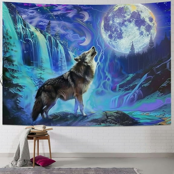 BCIIG Wolf Howling Tapestry Galaxy Psychedelic Wall Hanging Decor Night Sky Moon Space Hippie Tapestries Wall Tapestry Colorful for Bedroom
