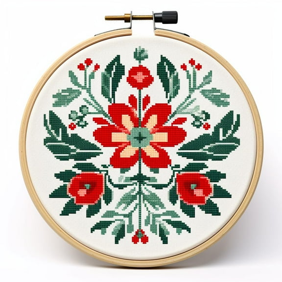 Christmas Red and Green Flower 11CT Stamped Cross Stitch Kits Easy for Beginners Child with Hoop DIY Needlepoint Counted Embroidery Kits Art Craft Wall Decor 12x12IN(2)