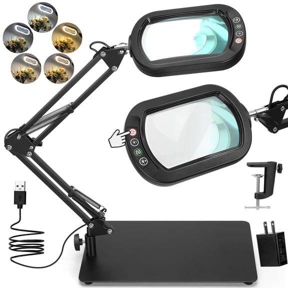 LED Magnifying Desk Lamp with Clamp, Square Real Glass Lens, 5 Color Modes Stepless Dimmable, Hands-Free for Reading Craft Hobby Close Work - Black