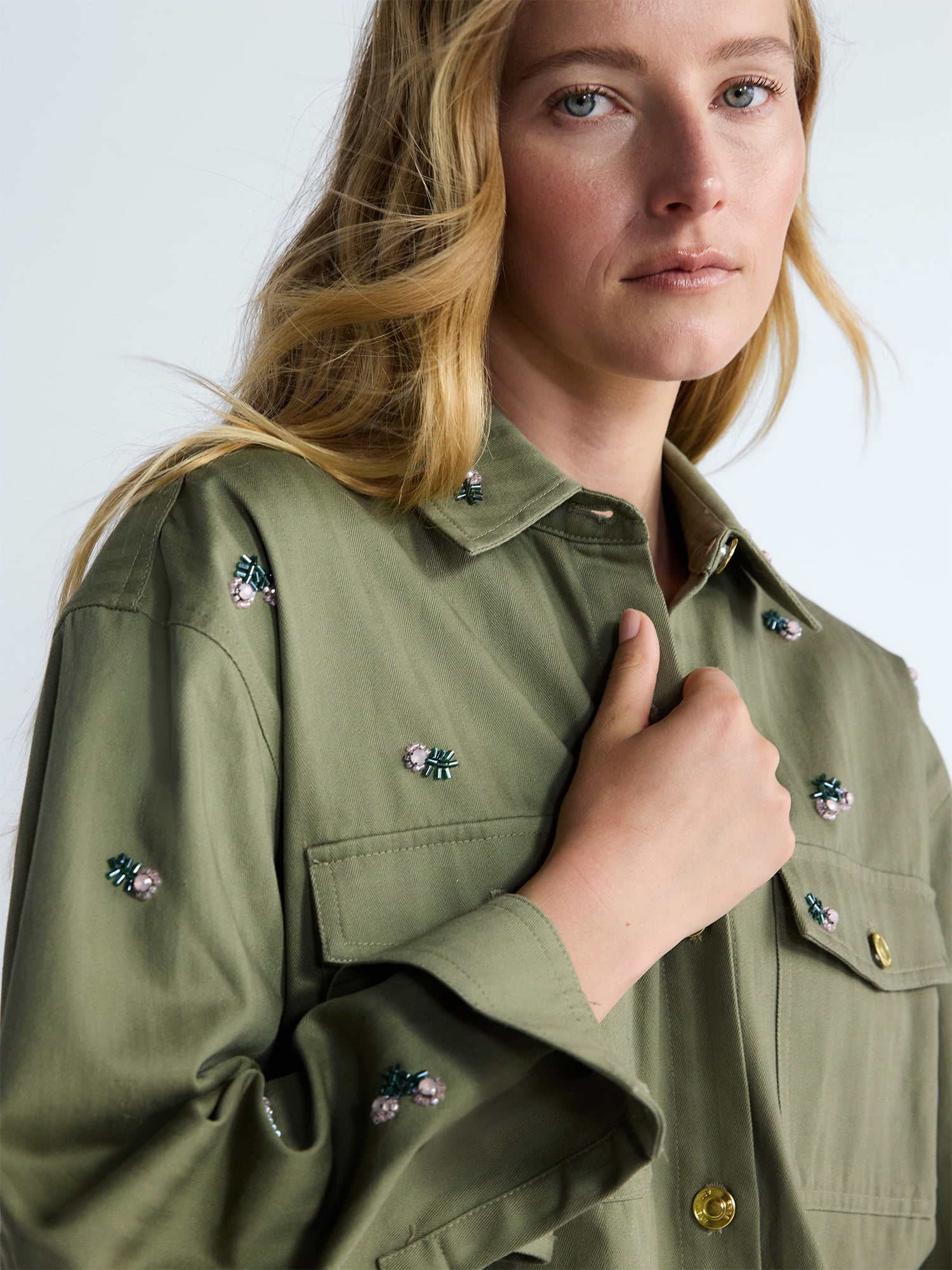 Free Assembly Women's and Women's Plus Embellished Cotton Utility Shirt with Long Sleeves, Sizes XS-4X
