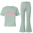 thumbnail image 2 of ZHOGXU Big Kids Girls Outfit Letter Printed Short Sleeve Round Neck Top And Flare Leg Pants Two Piece Comfortable Fashion Sets For Daily Wear Green 7-8 Years, 2 of 3