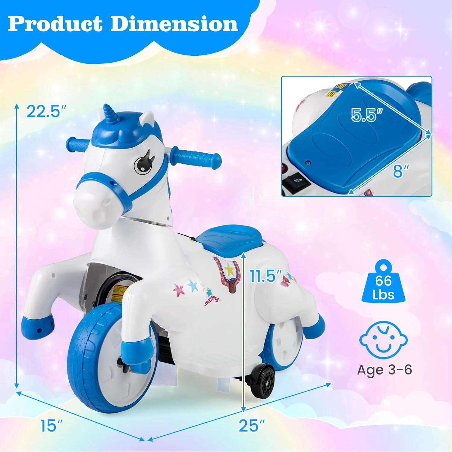 OLAKIDS 2 in 1 Ride on Motorcycle and Horse, Unicorn 6V Battery Powered Ride on Toy with Up & Down Function, MP3, Power Display, Training Wheels, Kids Electric Vehicle Aged 3-6 Years