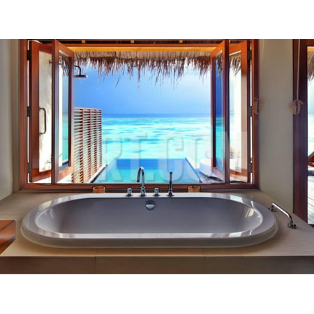 Luxury Beautiful Interior Design on Beach Resort, Window View from Bathroom on Clear Blue Sea, Summ Print Wall Art By Anna