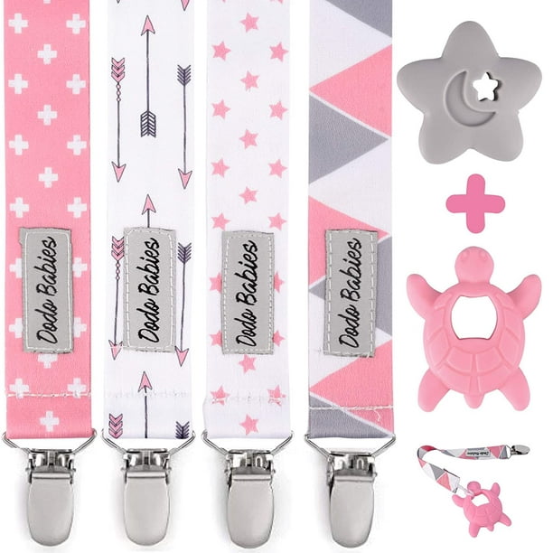 Dodo Babies Pacifier Clip & Teether Toy Set Four Clips Plus Two